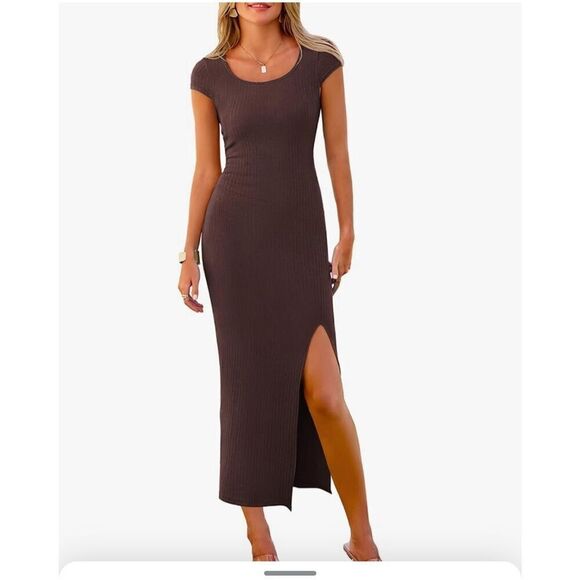 NEW Cap Sleeve Ribbed Knit Fitted Maxi Slit Dress S - Picture 1 of 5